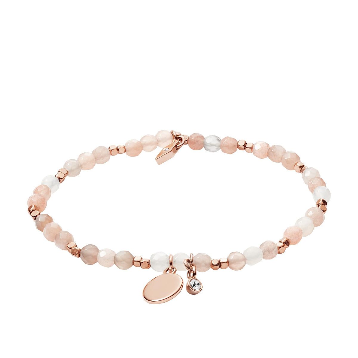 Front view of moonstone beaded bracelet with rose gold oval charm and clasp