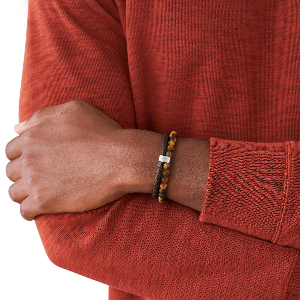 Men's wrist bracelet: braided dark brown leather with tiger's eye style beads and metal clasp