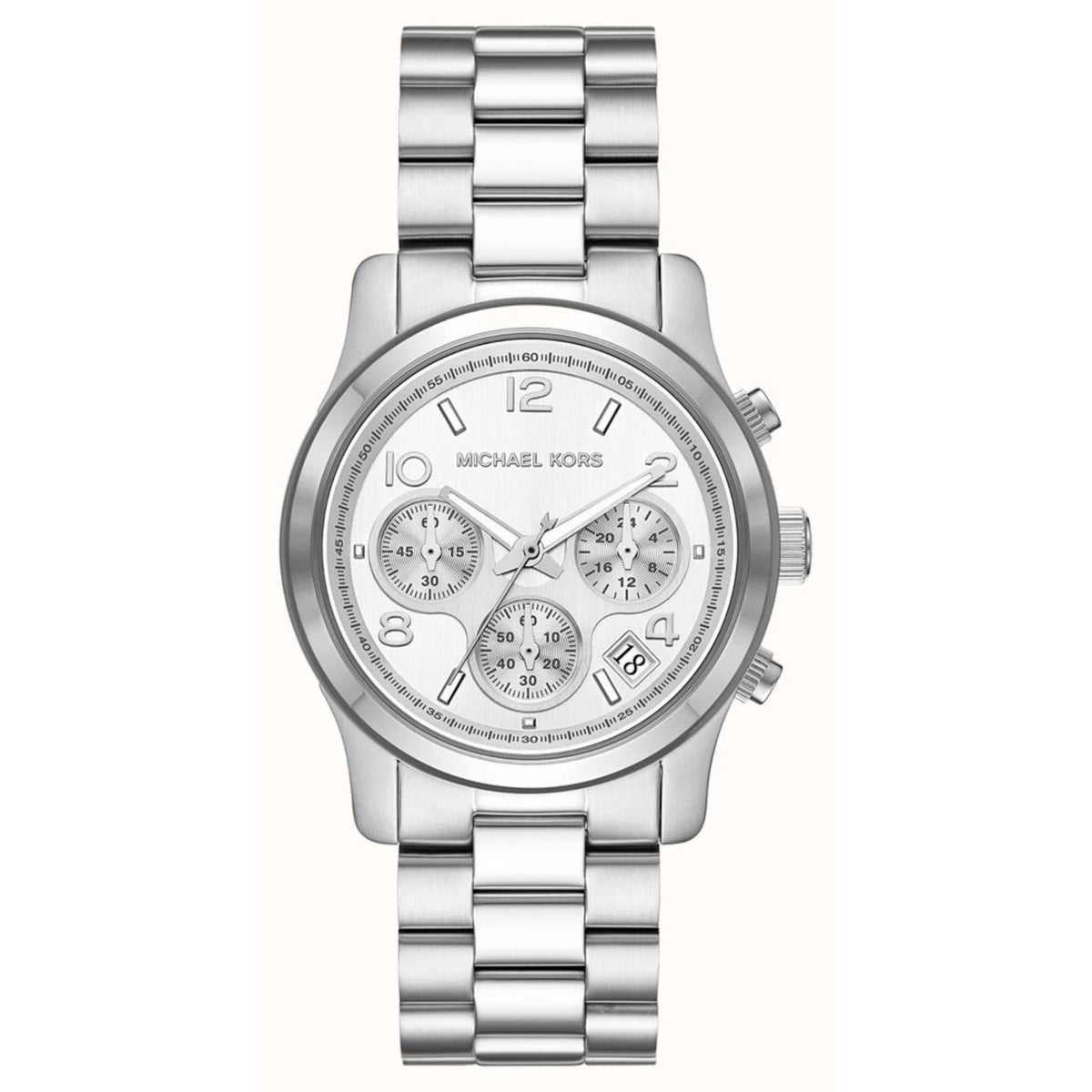 Stainless steel chronograph watch with silver dial, bezel markers, three subdials