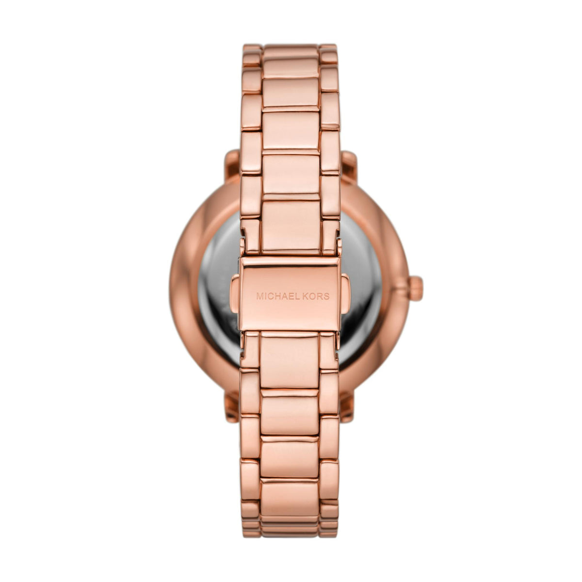 Rose gold-tone watch from the rear, metal bracelet links and crown side view