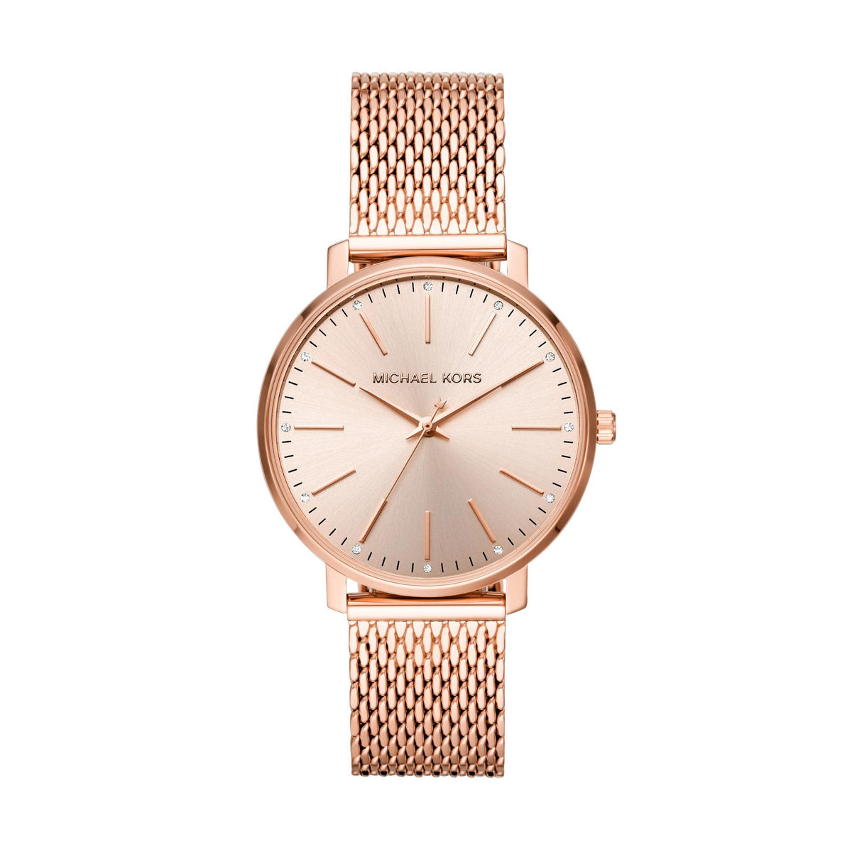 Rose gold dial women's wristwatch with mesh link bracelet and gold-tone round bezel