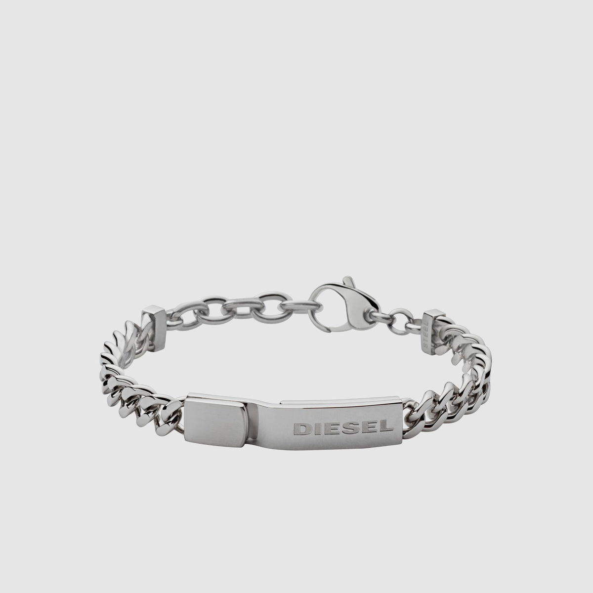 Men's Diesel stainless-steel bracelet with link chain, central logo plate, and clasp