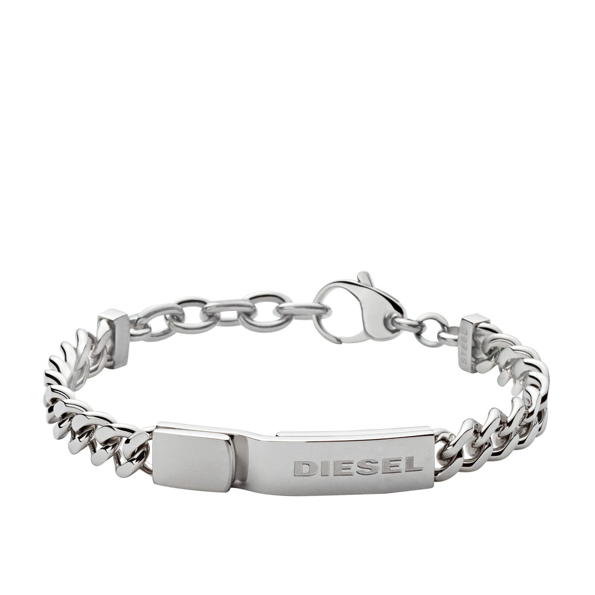 Men's Diesel chain bracelet with rectangular logo plate and small tag-like end links