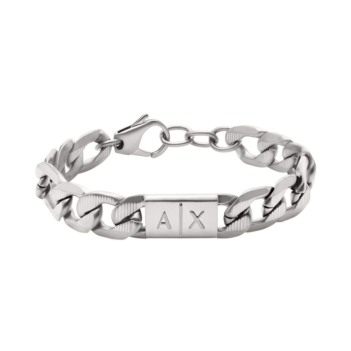 Stainless steel chain bracelet front view with AX logo plate and oval clasp