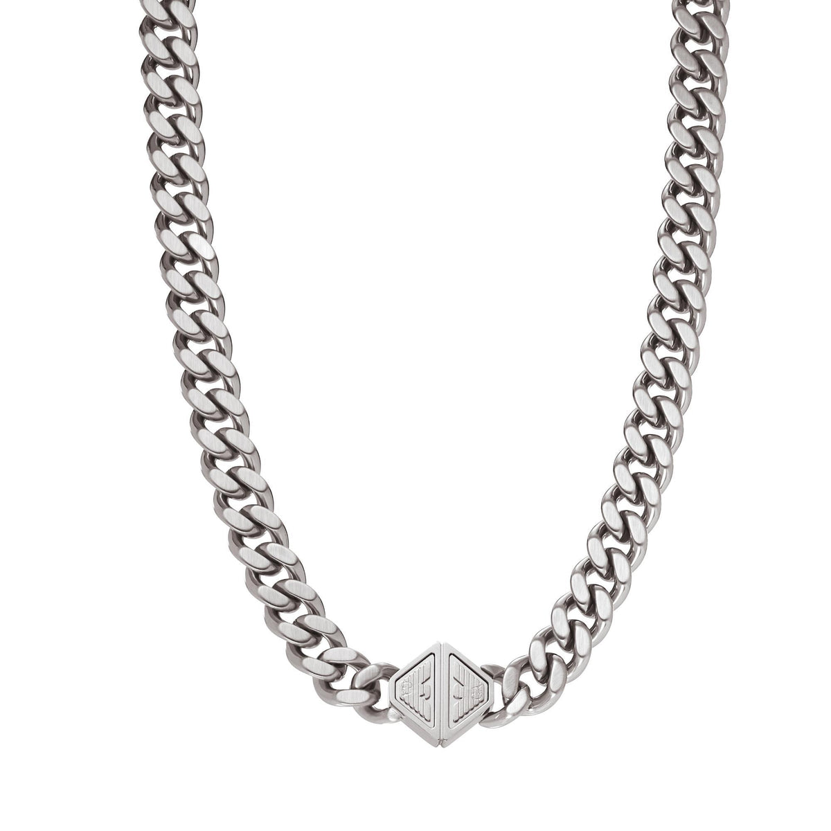 Stainless steel chain necklace with triangular logo pendant, silver-tone finish