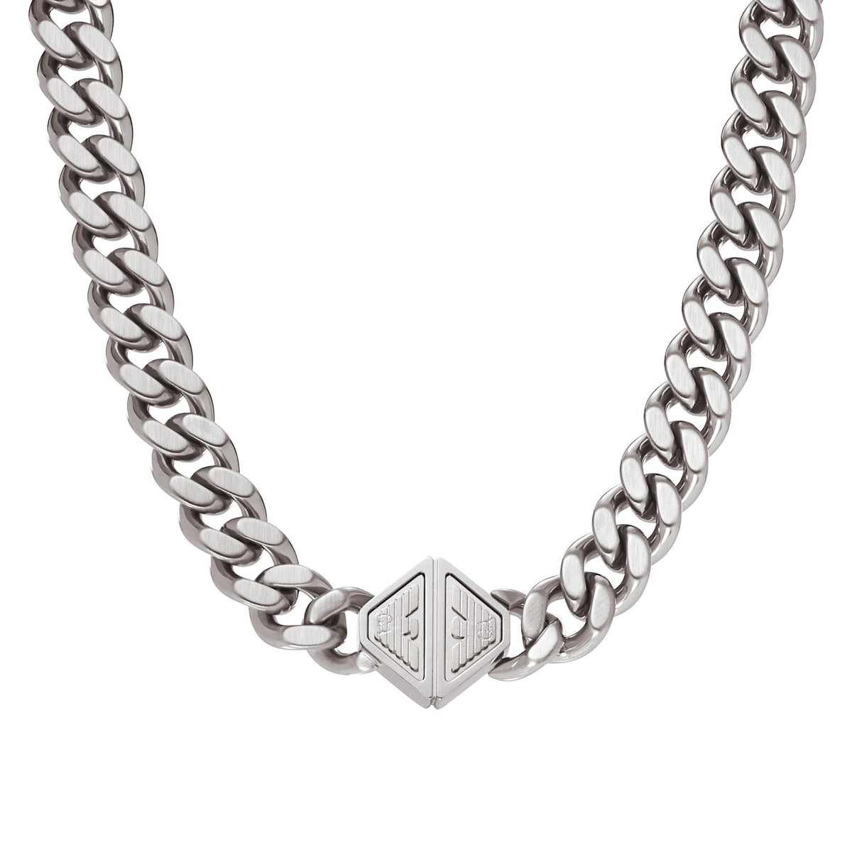 Stainless steel chain necklace with triangular pendant and link chain texture