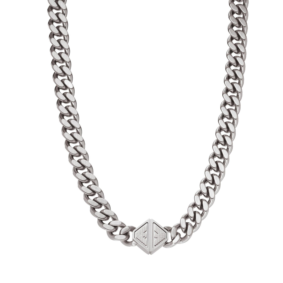 Silver-tone stainless steel chain necklace featuring a triangular logo pendant
