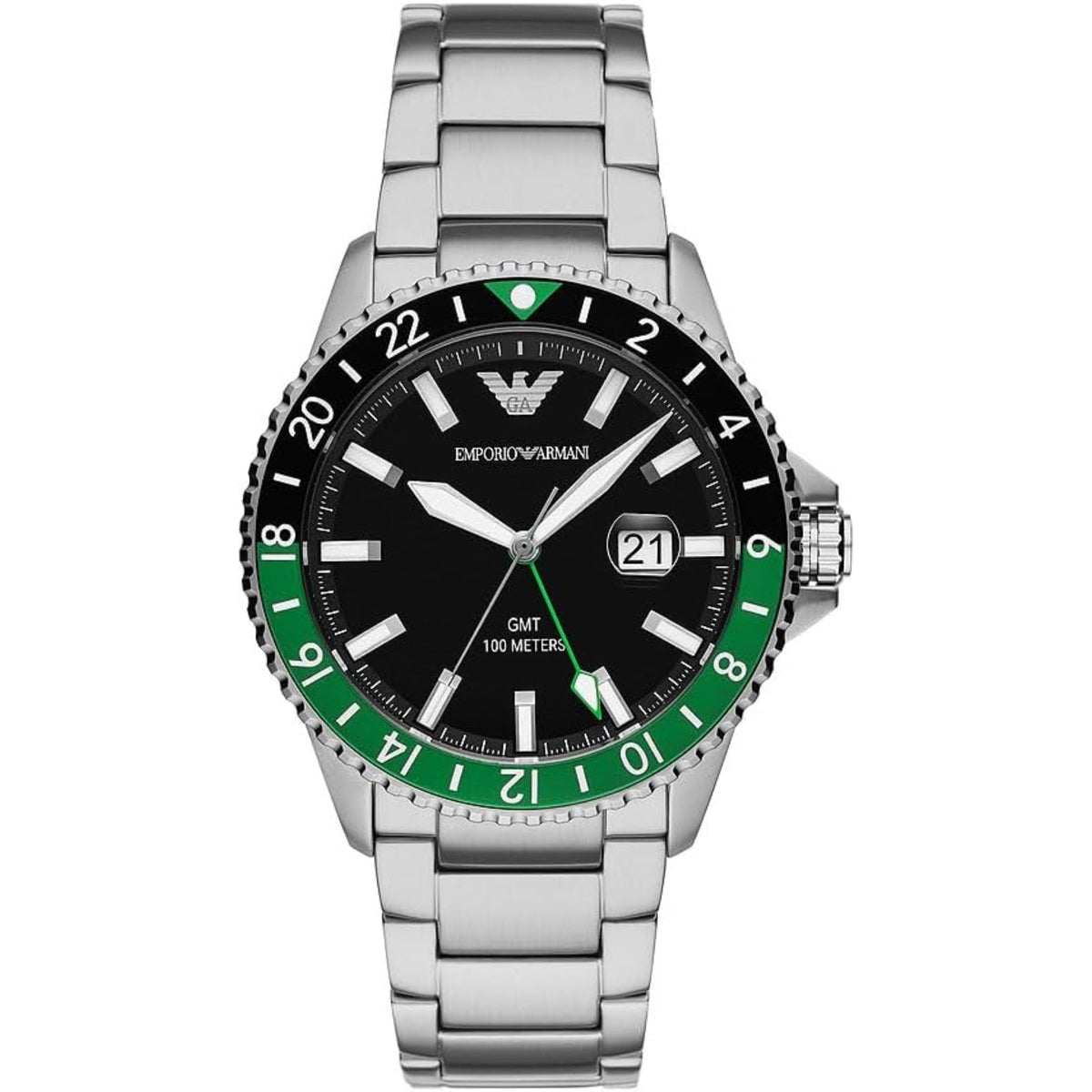 Mens steel quartz watch with black dial, green bezel accents, date window at 21