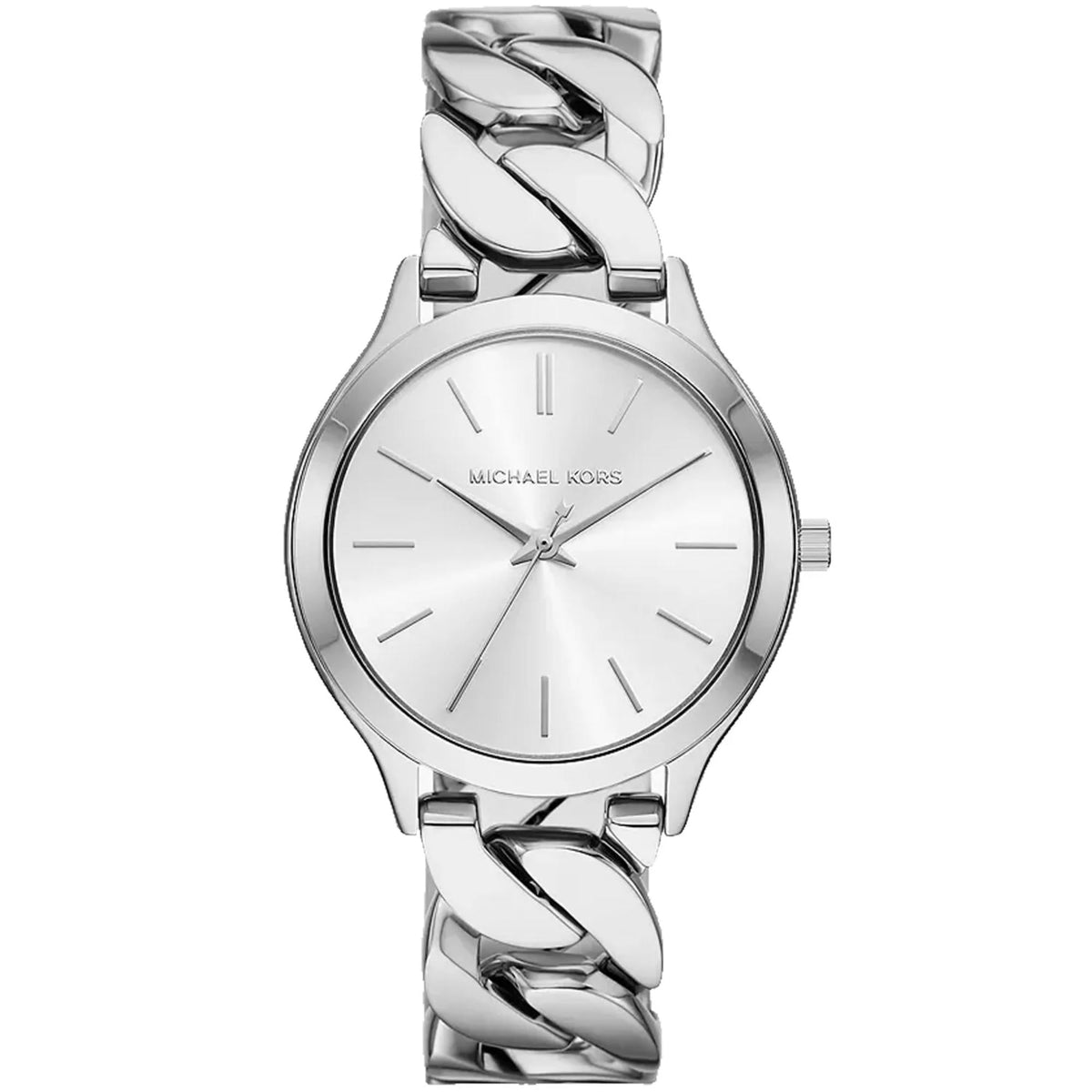 Michael Kors stainless steel three-hand watch, white dial and polished bracelet links