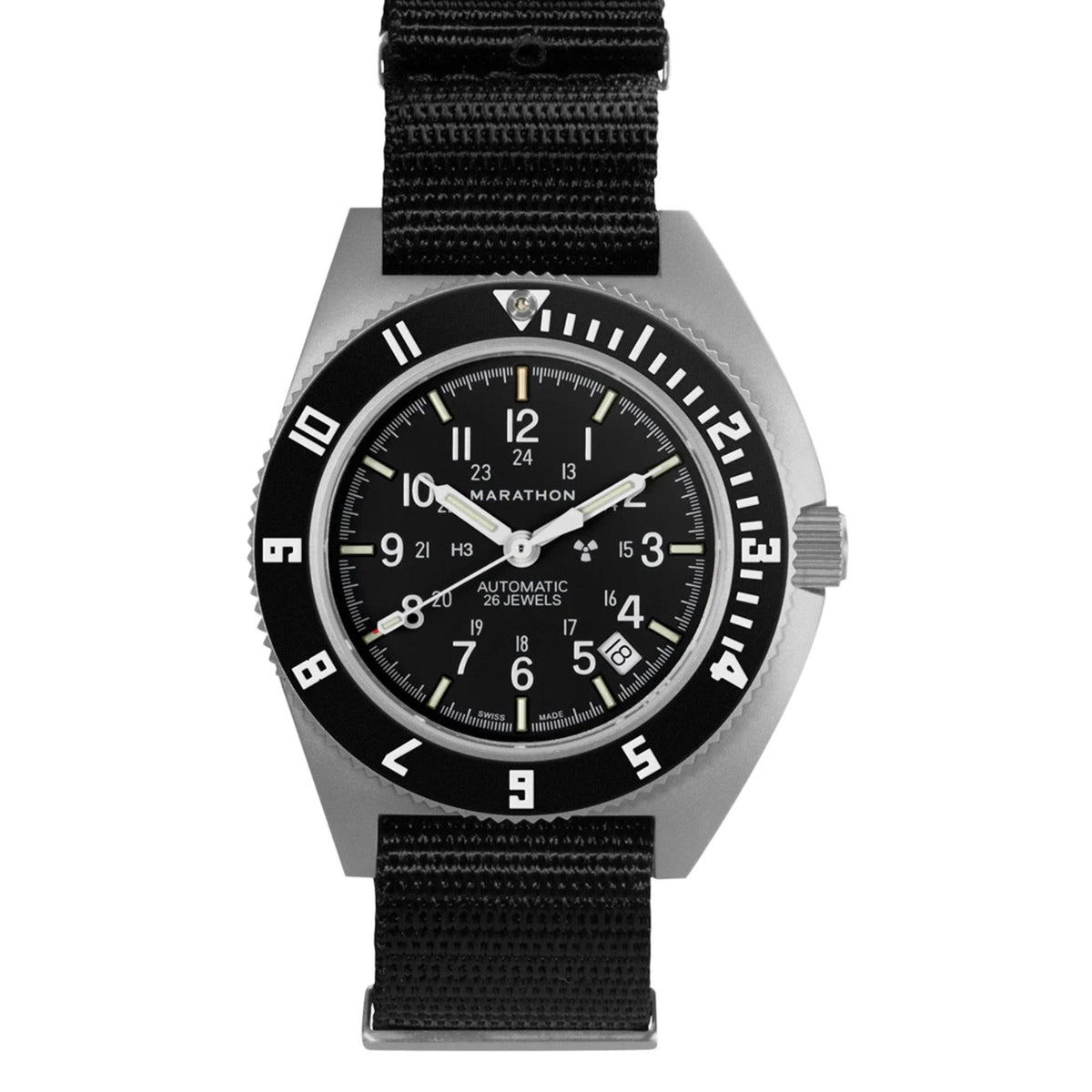 Front view of stainless steel watch with black dial and black nylon fabric strap.