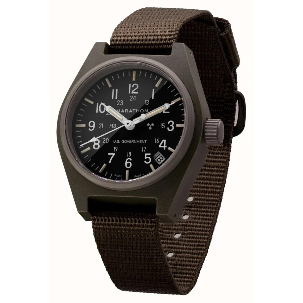 Men's black-dial quartz wristwatch with date, grey case, dark fabric strap.