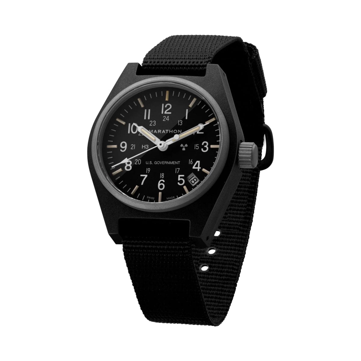 Black round mens watch with black dial, date window, and textured fabric strap