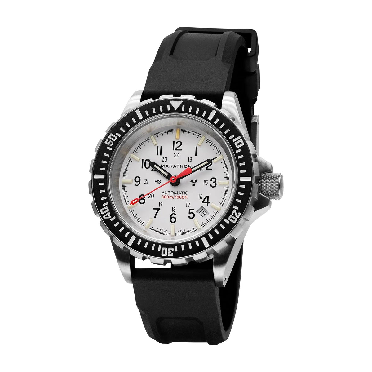 Angled diver's automatic men's watch with white dial, black bezel, black rubber strap, side crown
