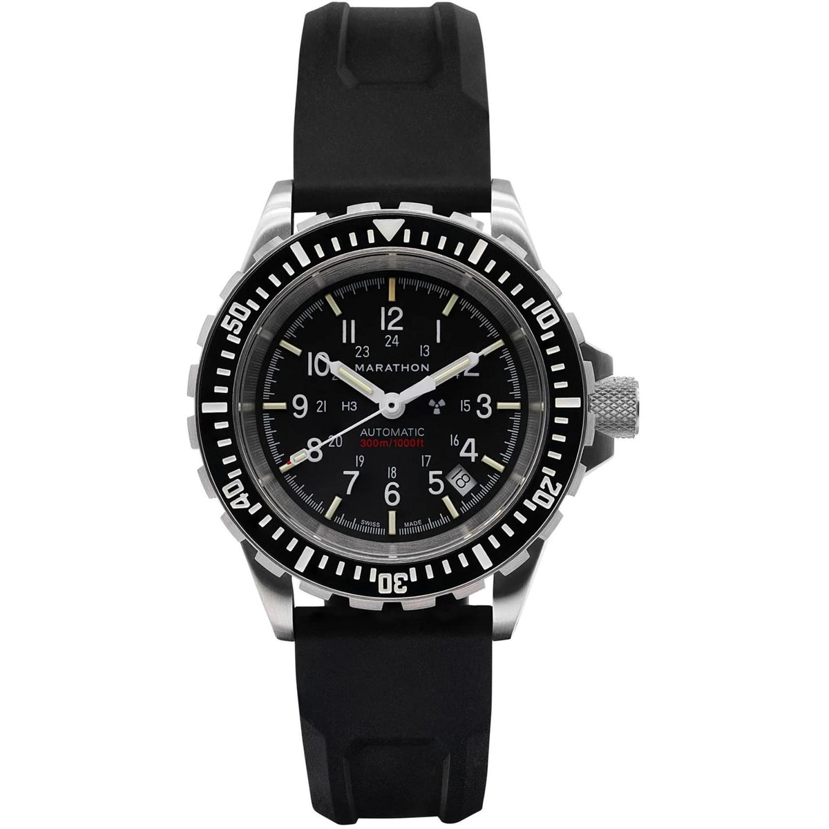 Men's stainless steel diver watch front view with black dial, black rubber strap, bezel ring