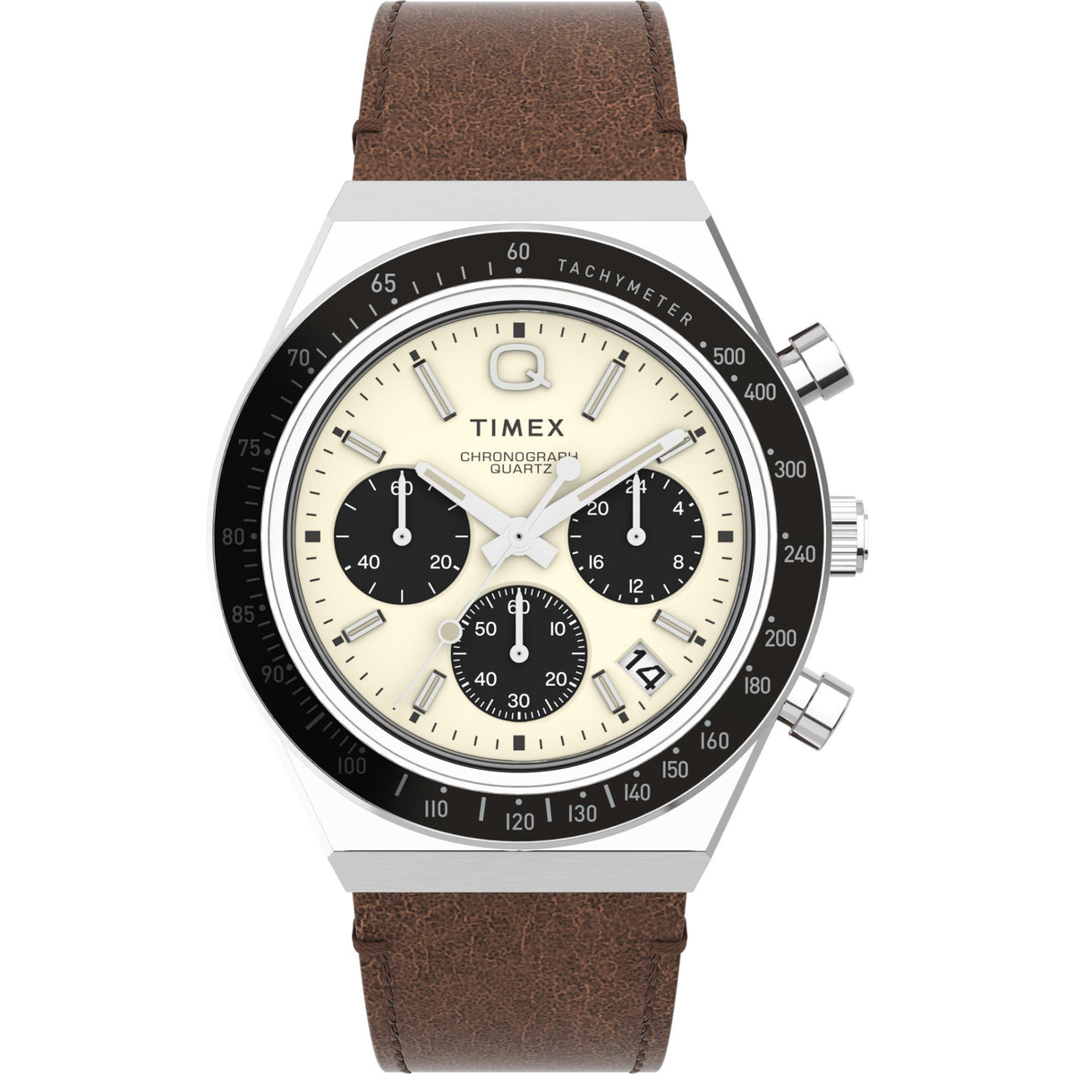 Men's Timex chronograph quartz watch with cream dial, brown leather strap, silver case and pushers