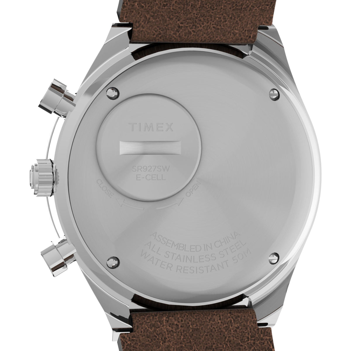 Men's Timex chronograph watch case back view with brown leather strap and stainless finish