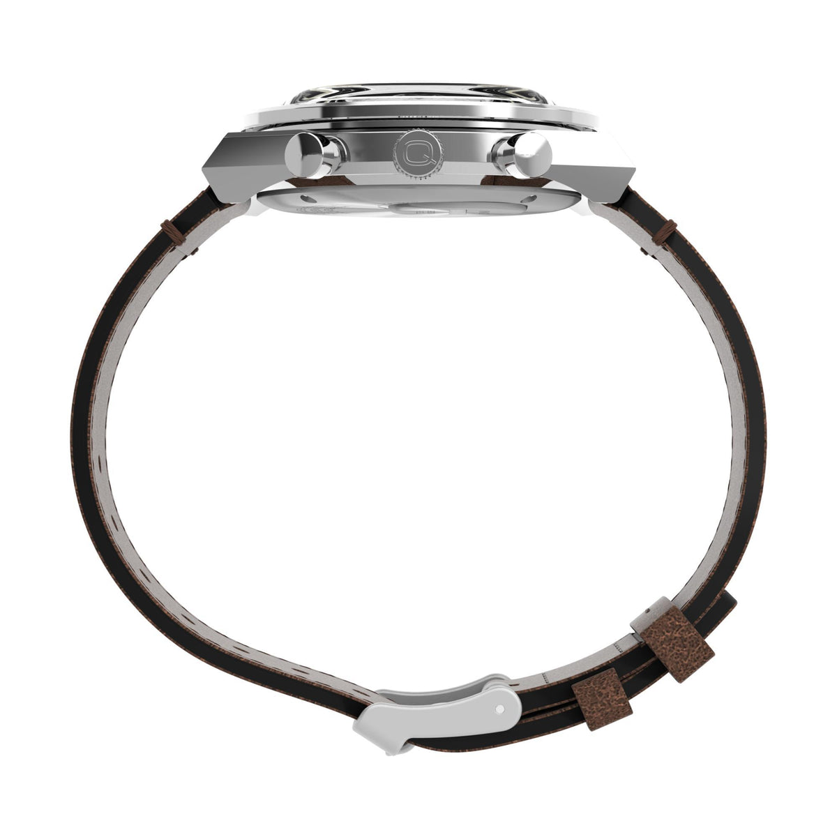 Men's Timex chronograph watch side profile with brown leather strap and silver case
