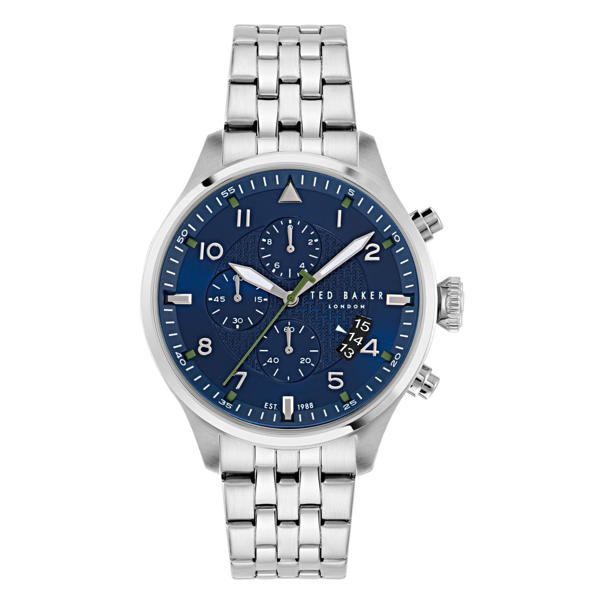 Round steel watch with dark blue dial, green accents, and metal bracelet