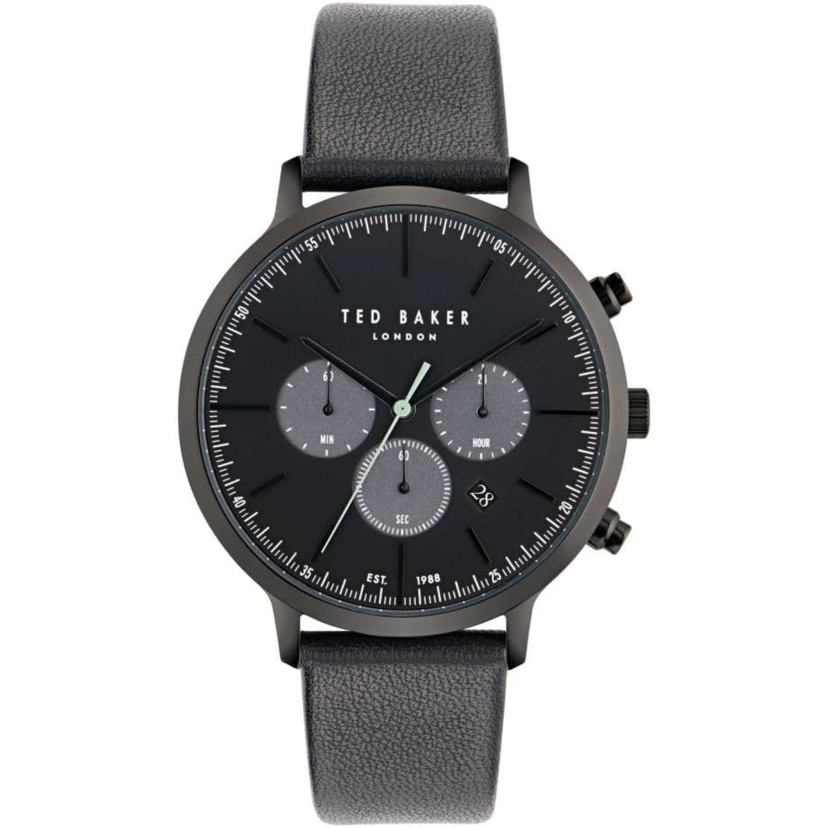 Men's black dial leather watch with dark bezel, three subdials, black leather strap