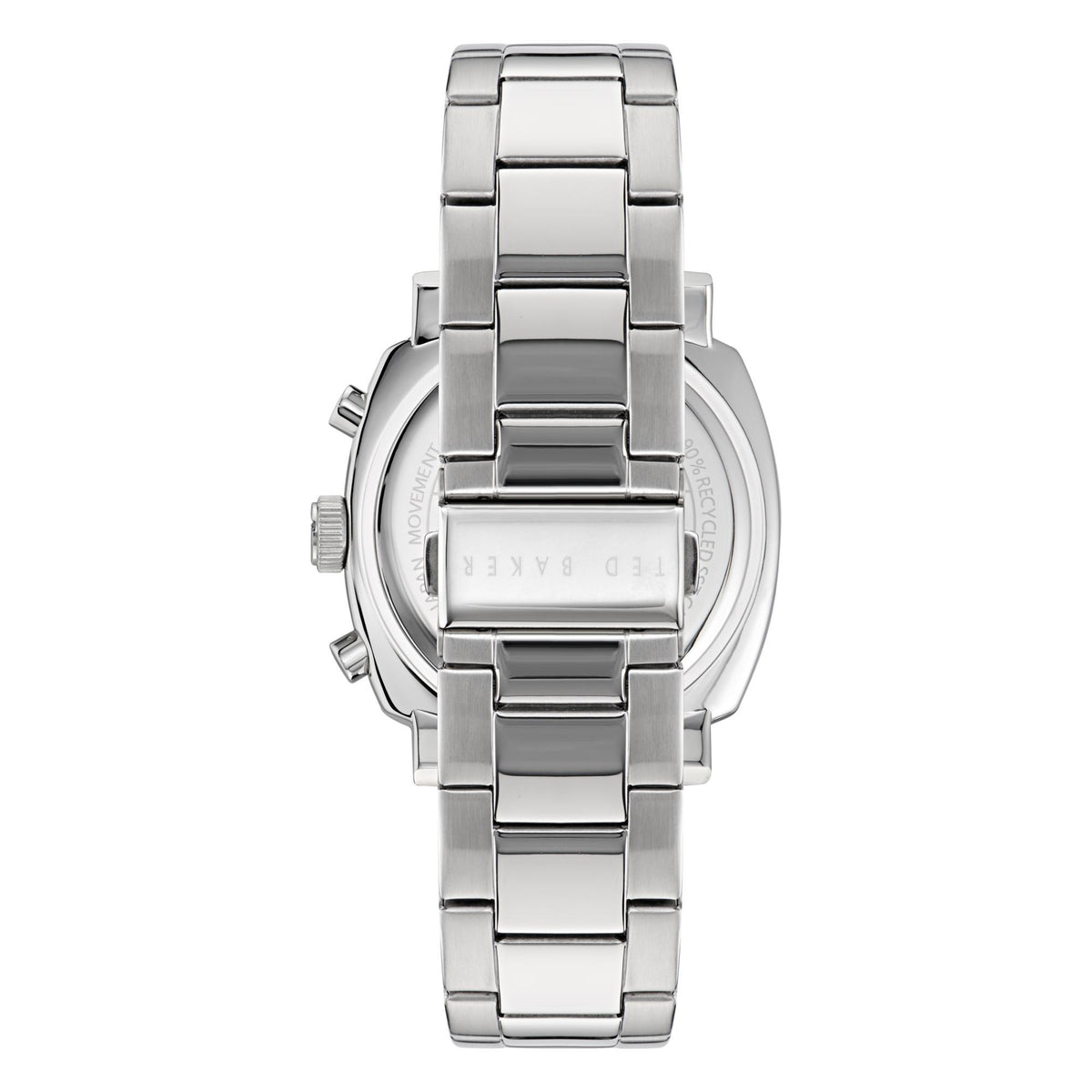 Men's stainless steel watch with bracelet links, case profile view showing side details