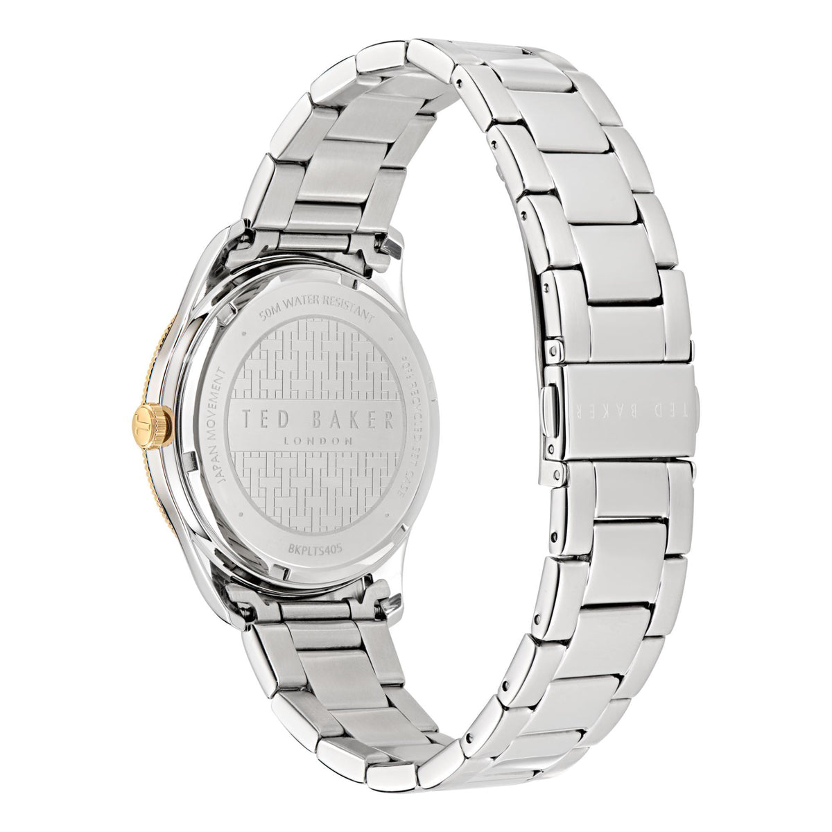 Men's stainless steel watch back and bracelet, gold-toned crown and engraved case details