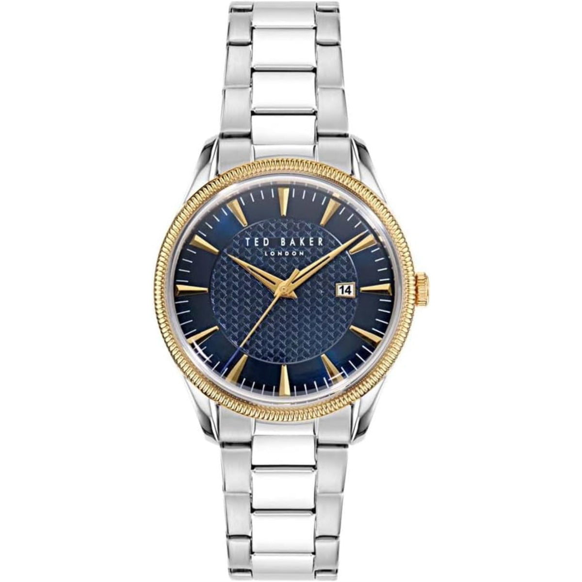 Men's stainless steel watch with blue dial and gold bezel, displaying sword-style hands