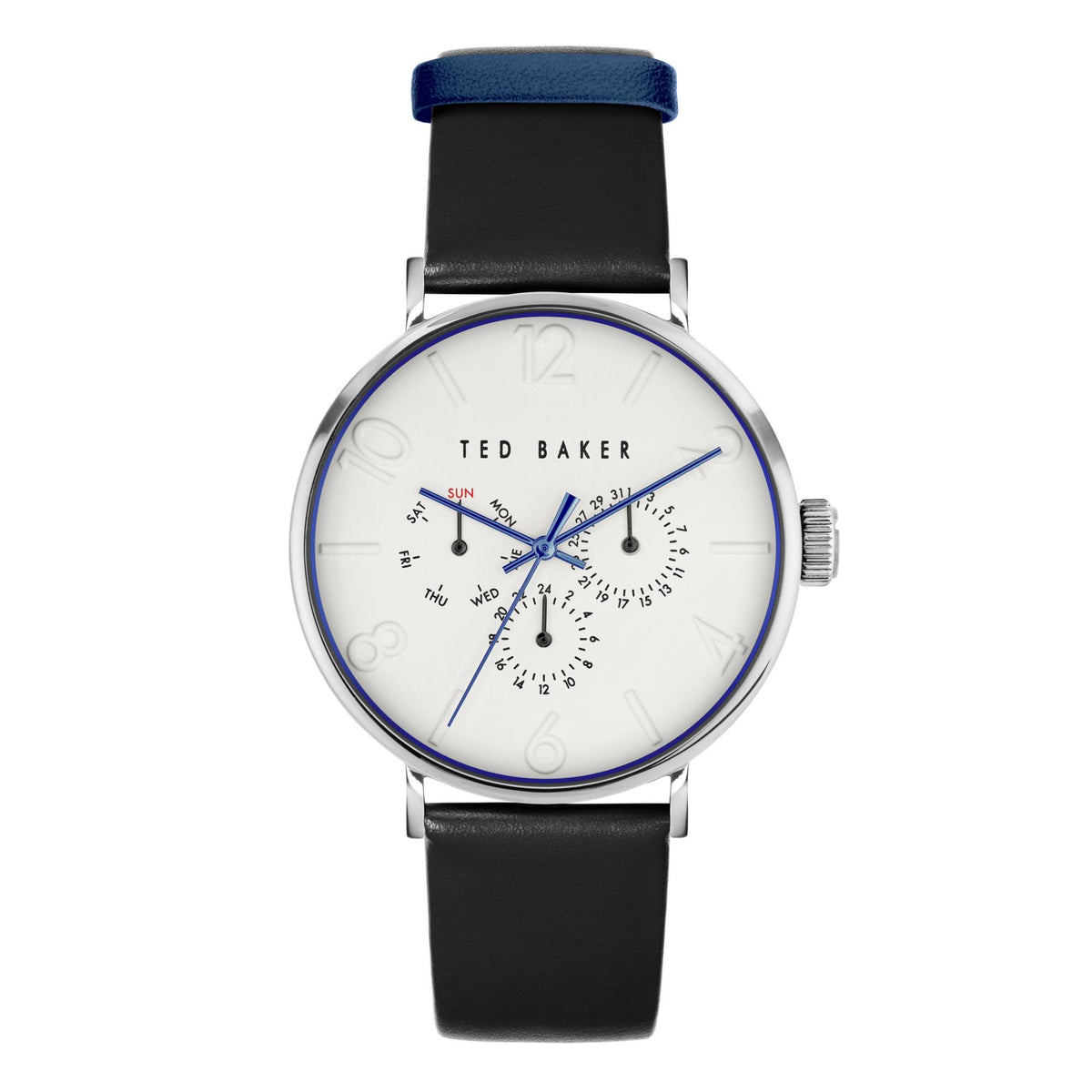 Men's round watch with white dial, blue subdials, and black leather strap