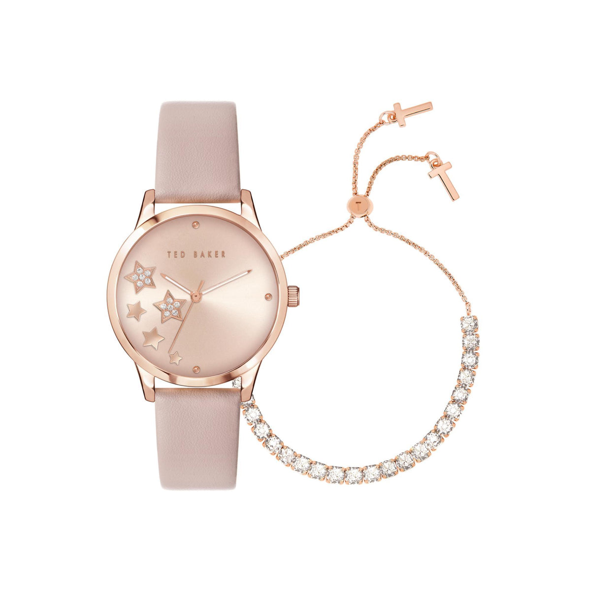 Star dial watch with pink strap and rose-gold bezel, with rhinestone hoop bracelet