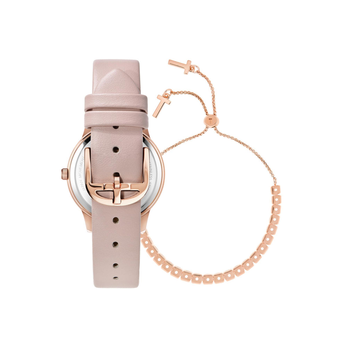 Pink strap watch underside shown with rose-gold hoop charm bracelet
