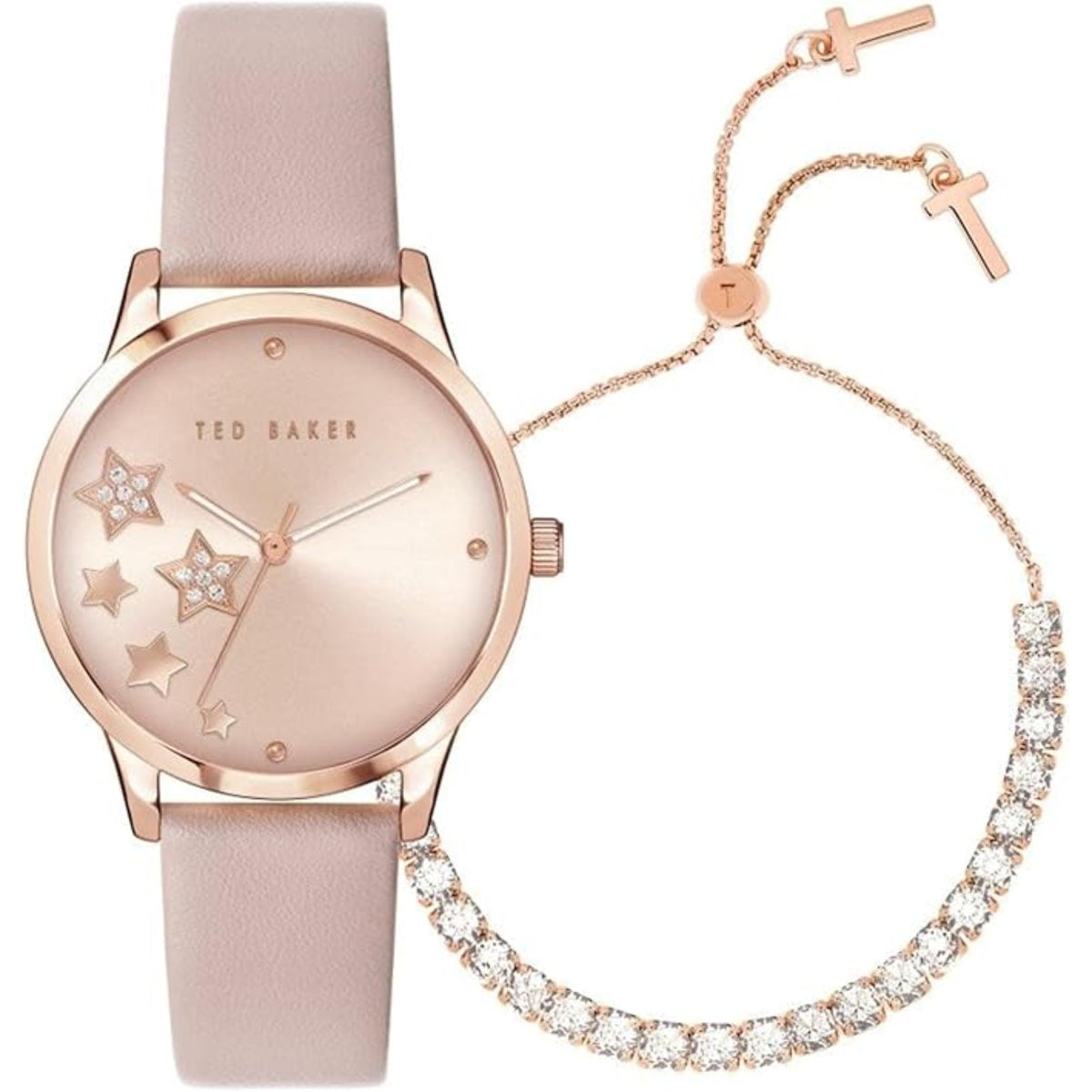Pink leather-style strap watch featuring star markers, plus rose-gold hoop charm bracelet