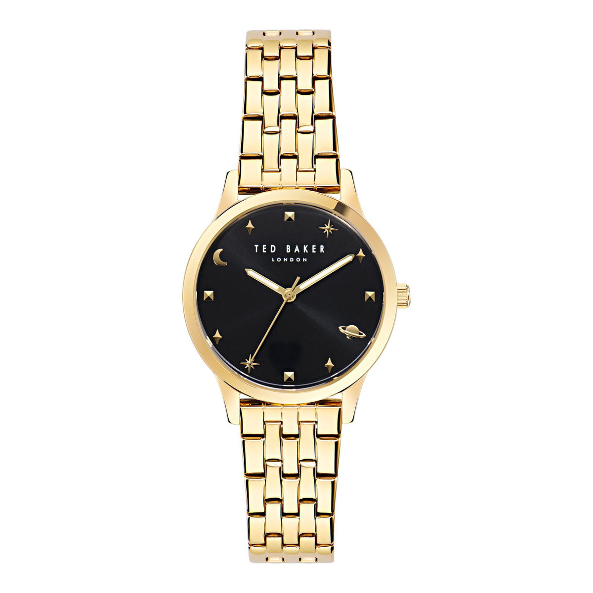 Rose gold-tone ladies wristwatch with black dial, gold hands, star markers, link bracelet