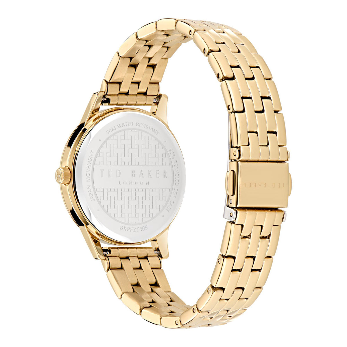 Rose gold-tone wristwatch with white backplate and gold link bracelet from angled side view