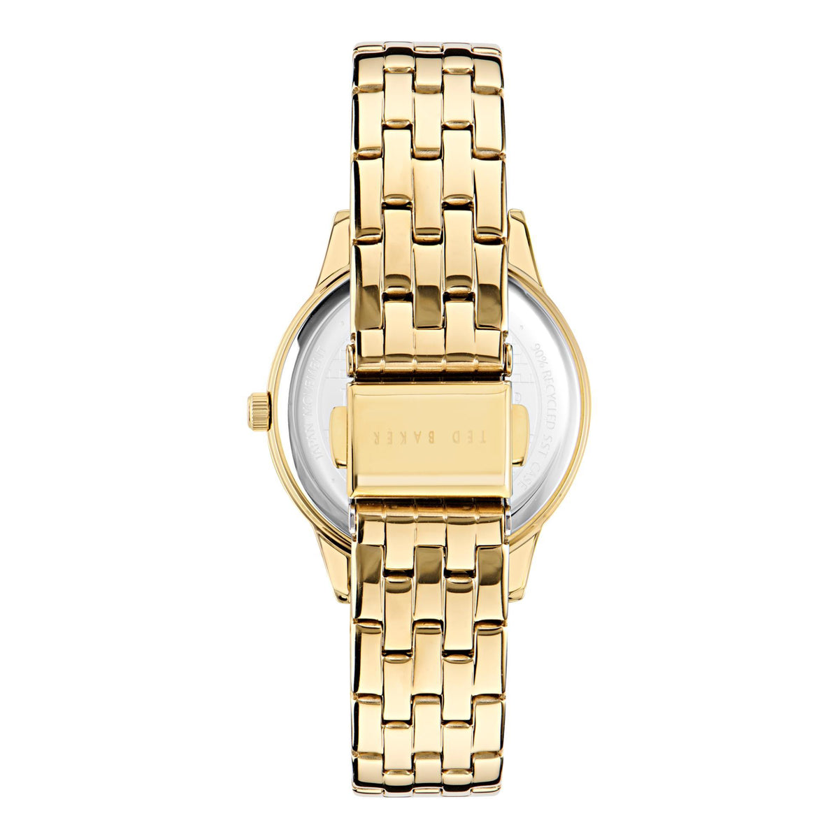 Rose gold-tone wristwatch back view with engraved caseback and gold metal link band