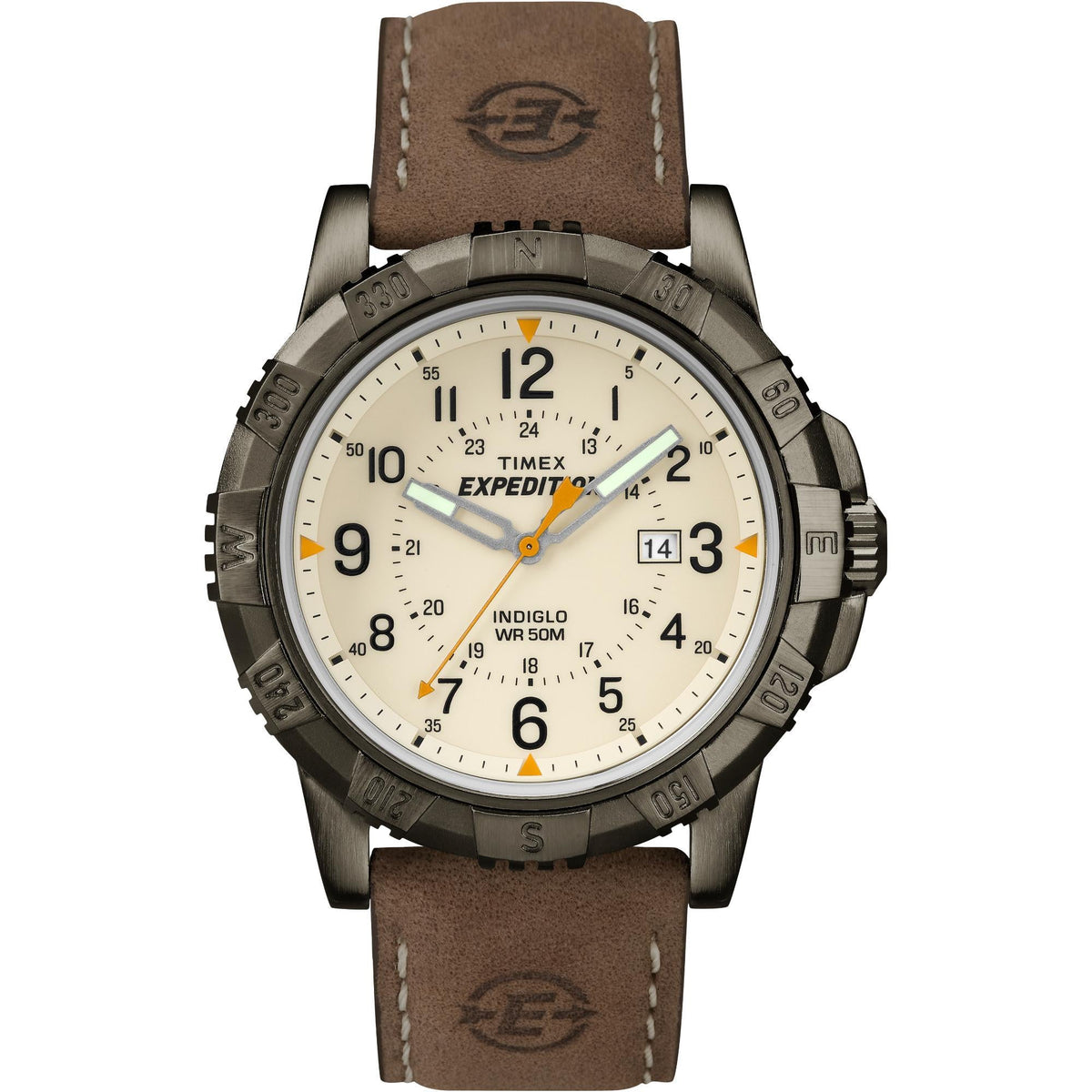 Men's quartz watch with beige dial, bold numerals, brown leather strap