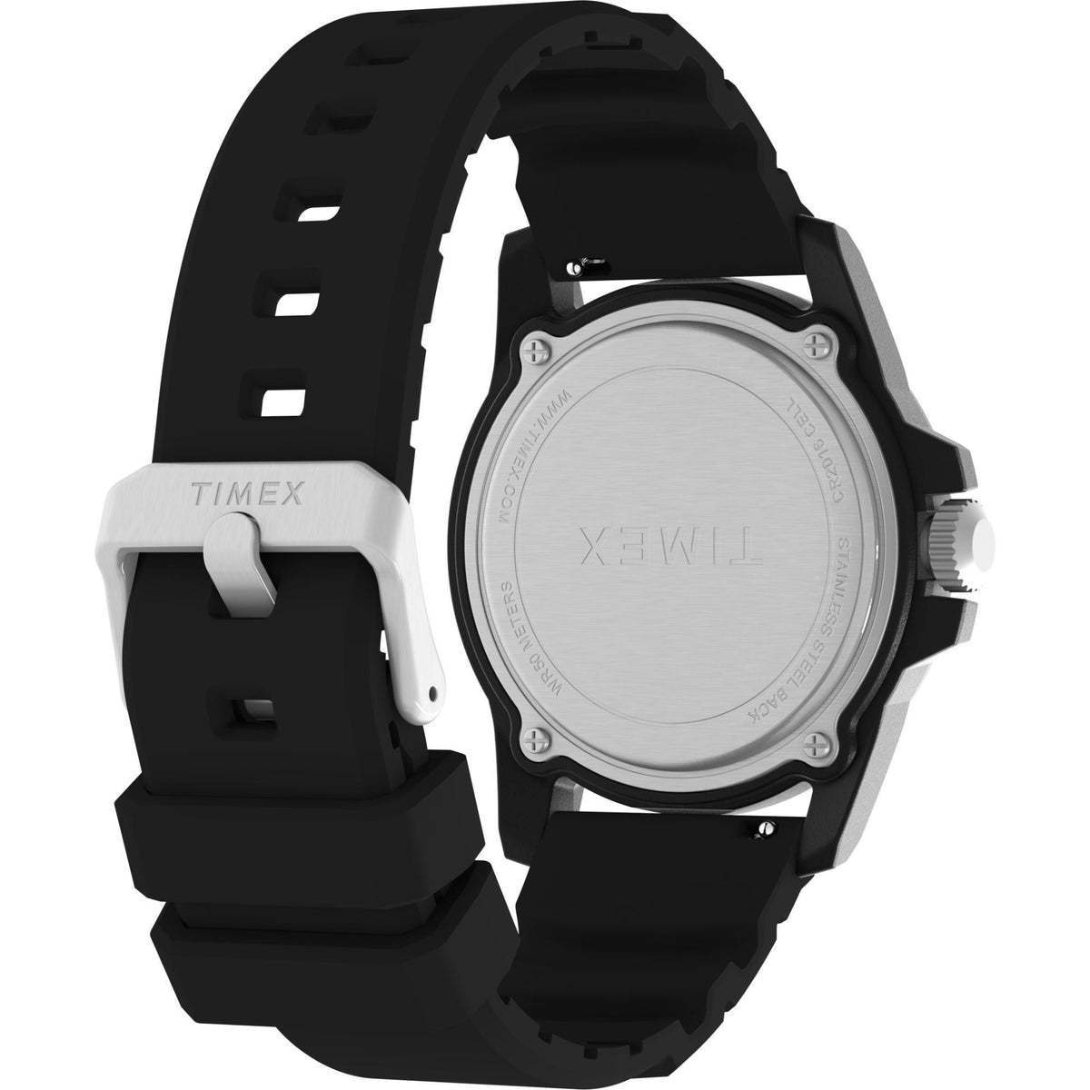 Men's 42mm quartz watch side and caseback view with black rubber strap