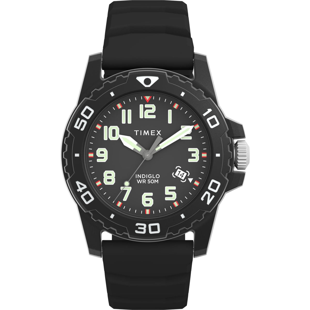 Men's 42mm quartz watch with black dial, rugged bezel, and black rubber band