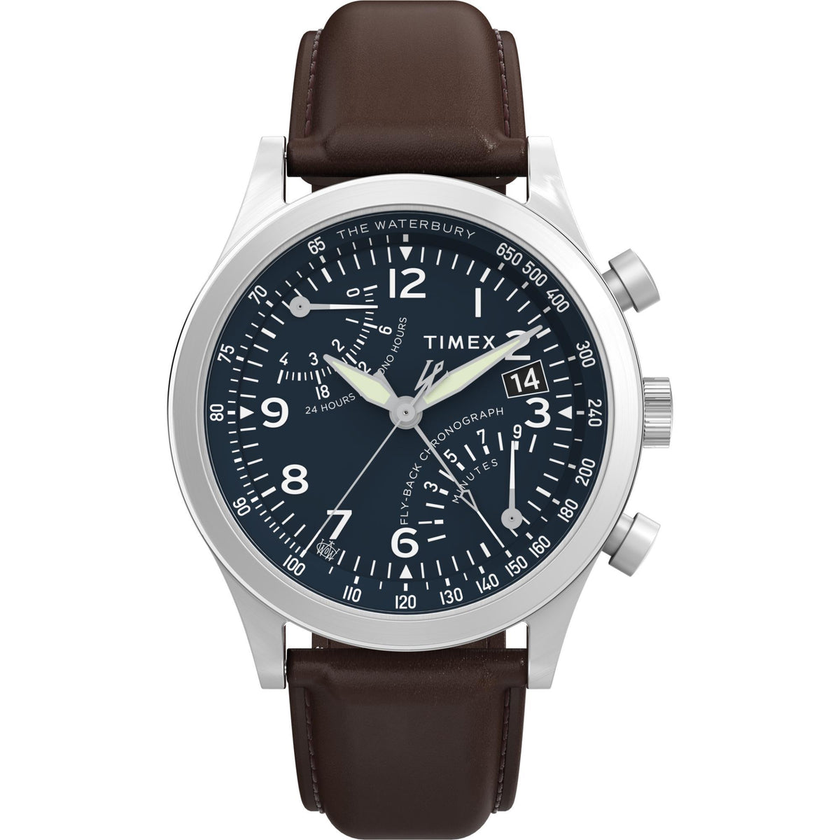 Mens chronograph watch with blue dial, white markers, and brown leather strap