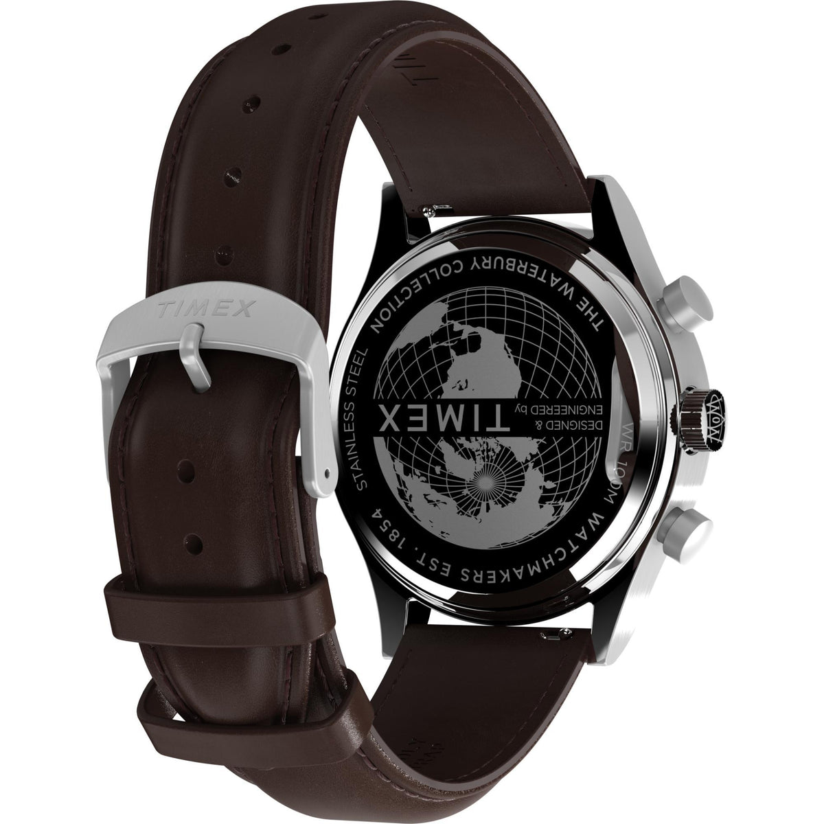 Men’s quartz watch with brown leather strap; stainless case back with world map