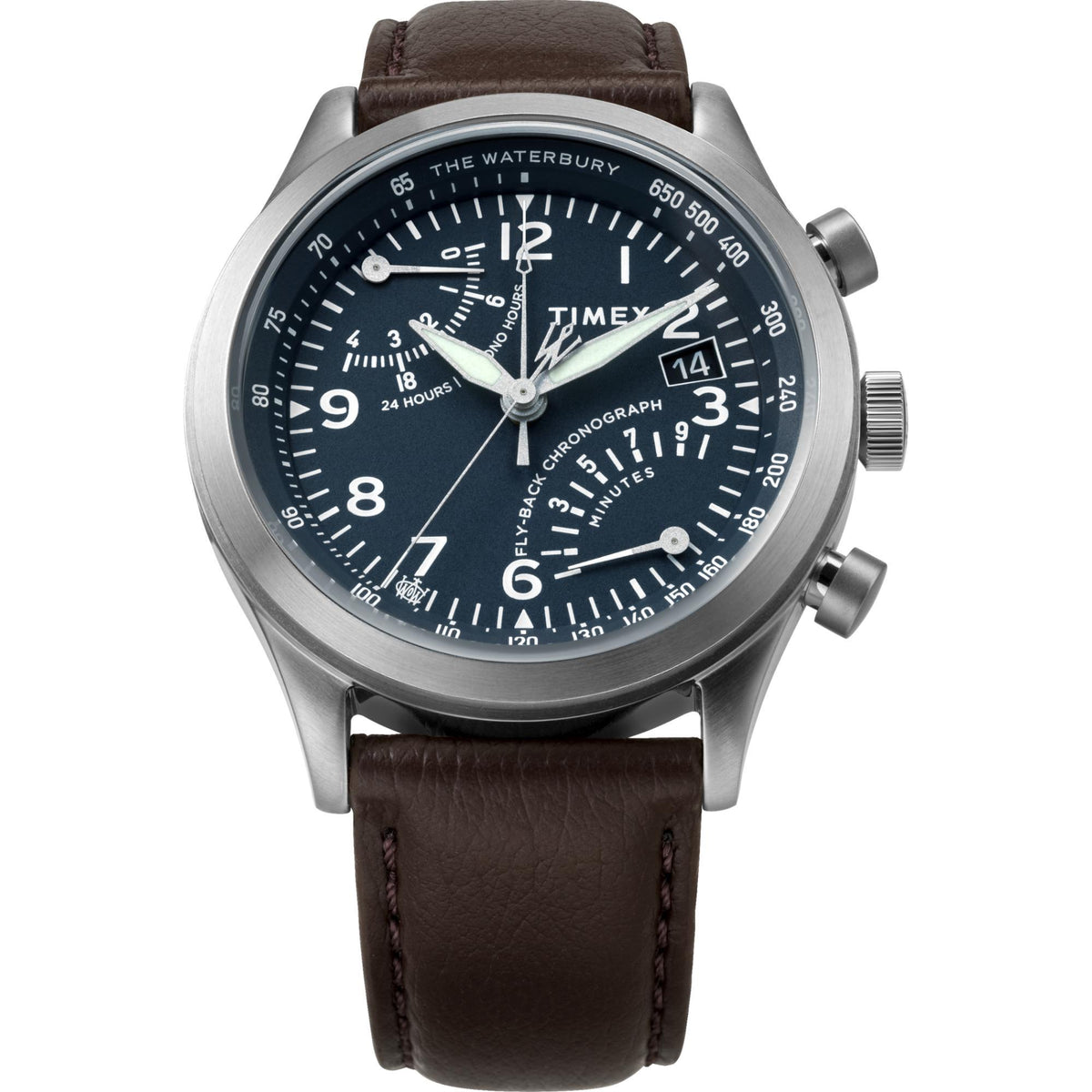Men’s Timex chronograph quartz watch with dark blue dial and brown leather strap