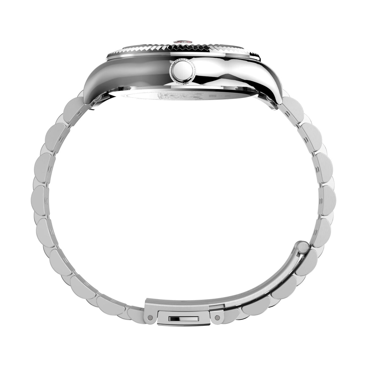 Steel ladies watch bracelet and case from side angle, crown visible at top