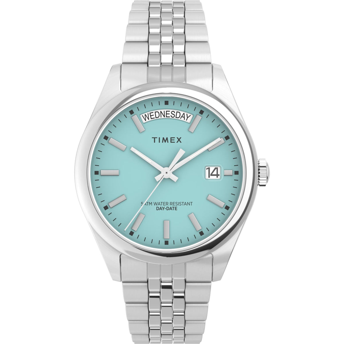 Timex ladies quartz watch, aqua blue dial, steel bracelet, day-date marker and date