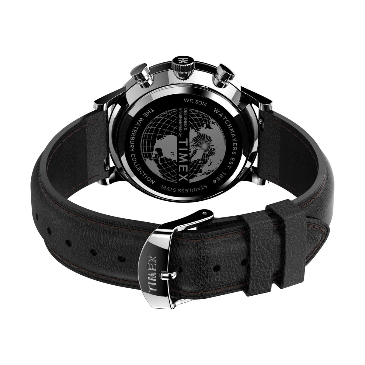 Men's watch caseback from above with black leather strap and chronograph pushers