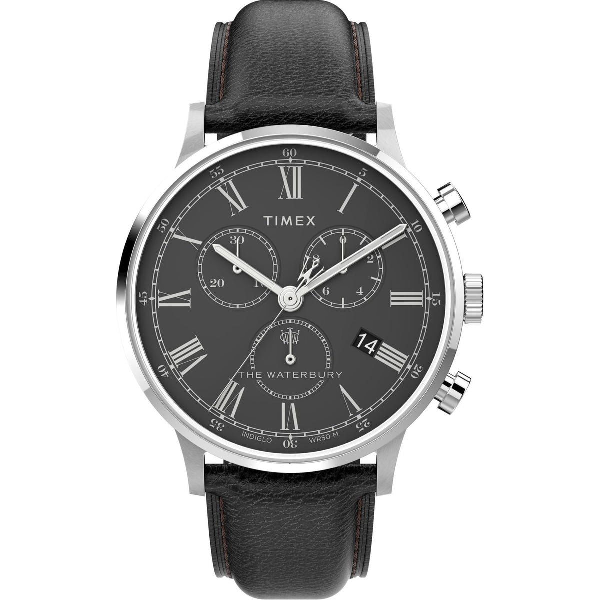 Men's quartz chronograph watch front with black dial and date at 14