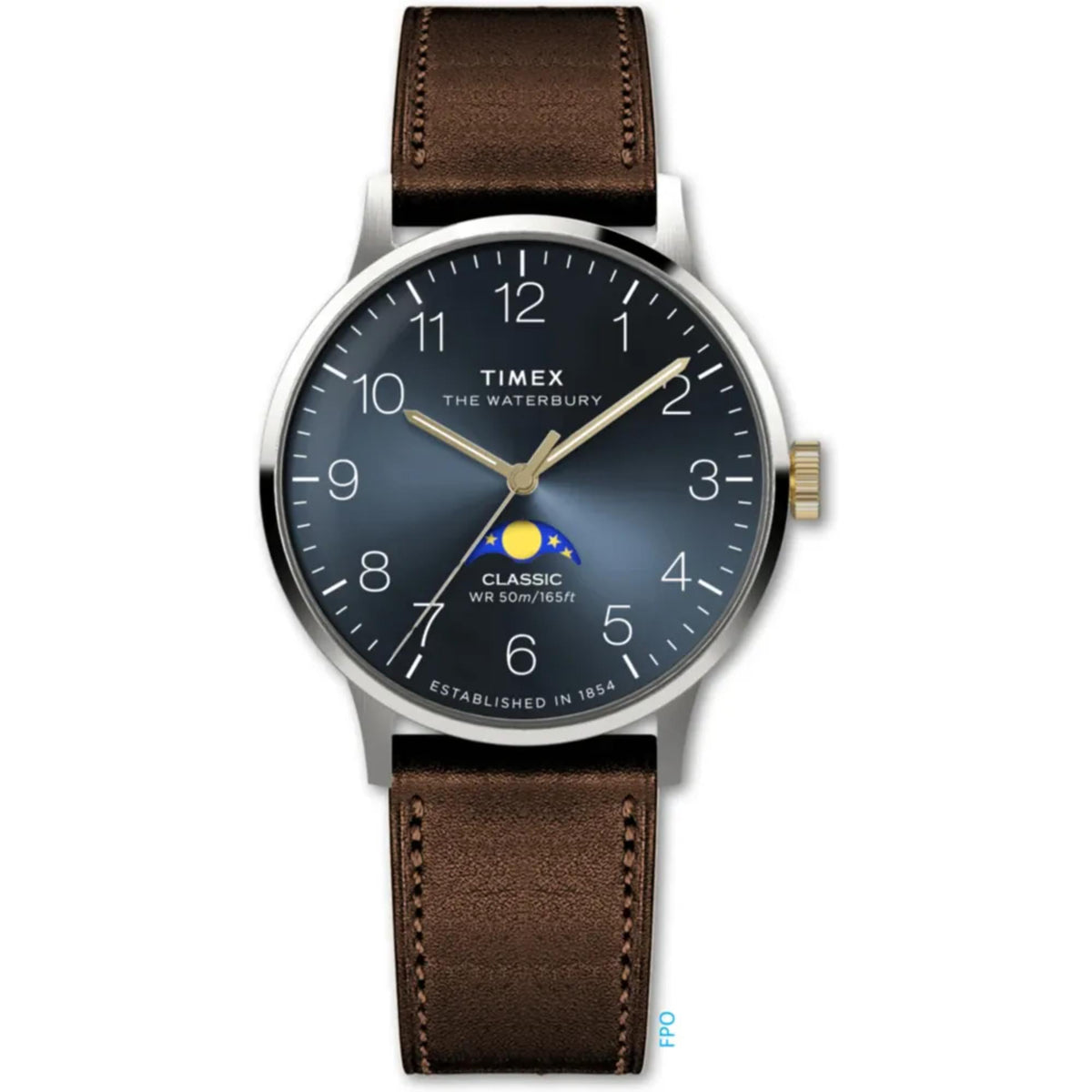 Round quartz wristwatch with blue dial, brown leather strap, and gold-toned crown