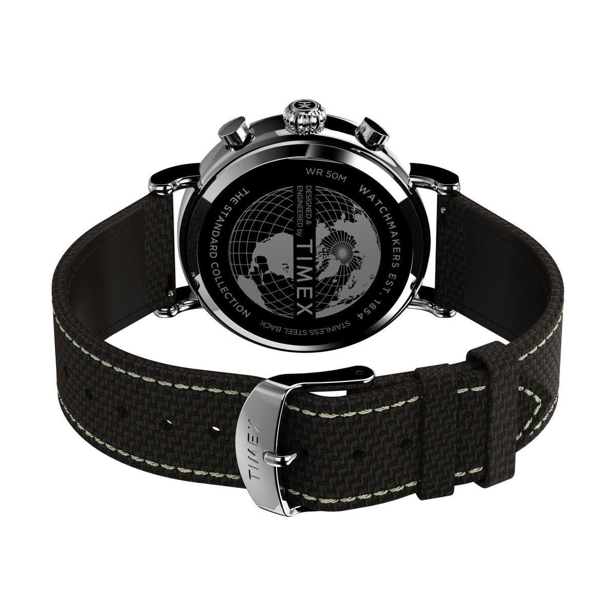 Chronograph watch with globe caseback and black strap featuring green contrast stitching