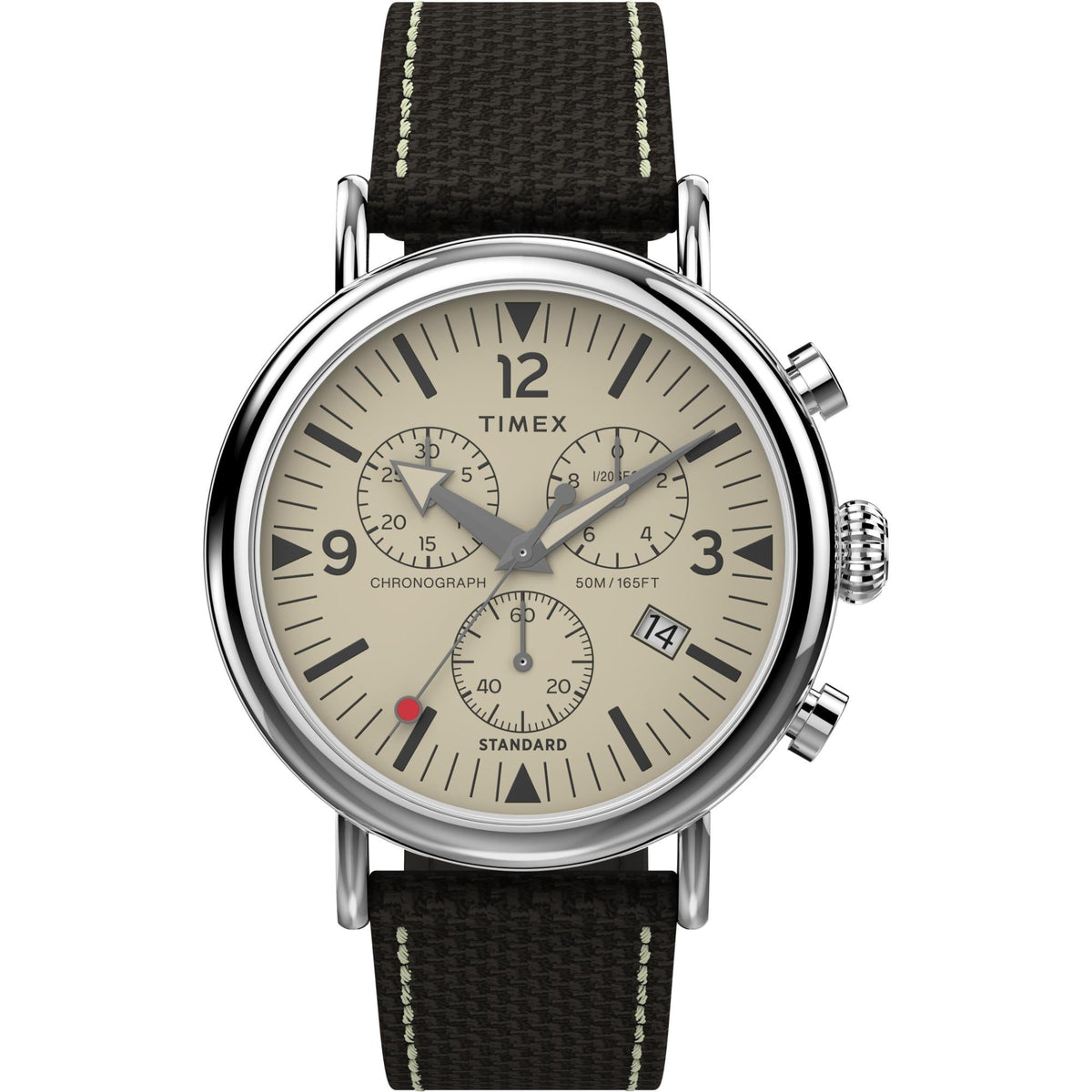 Cream dial chronograph watch with silver case, three subdials, and date at 3 o'clock