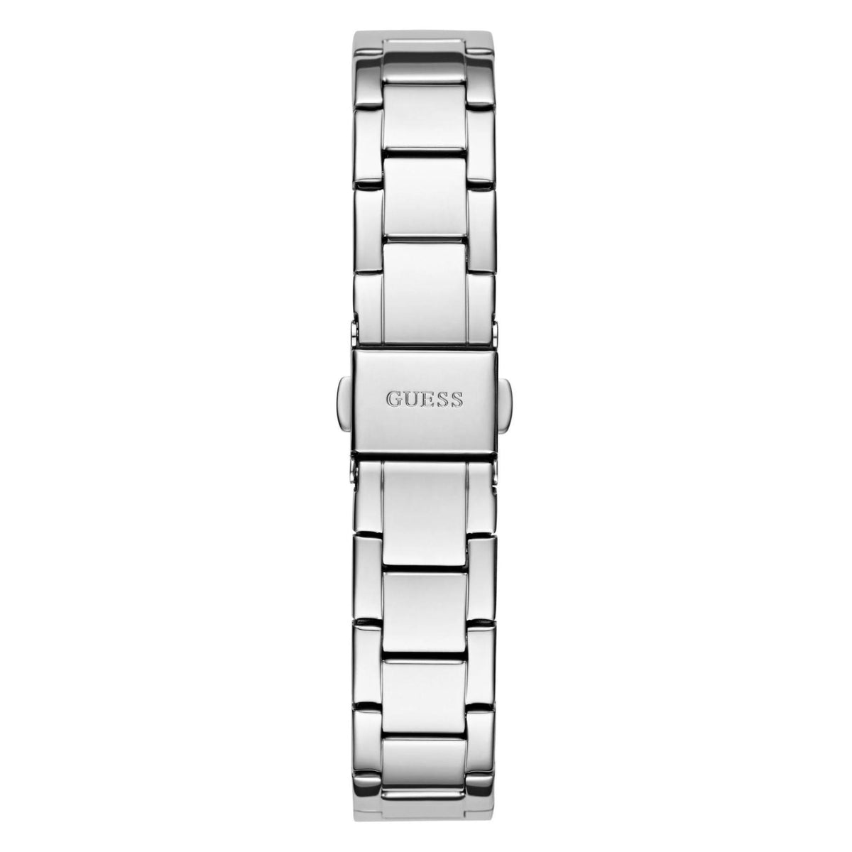 Silver-tone link bracelet watch with white dial and GUESS logo, round crystal bezel
