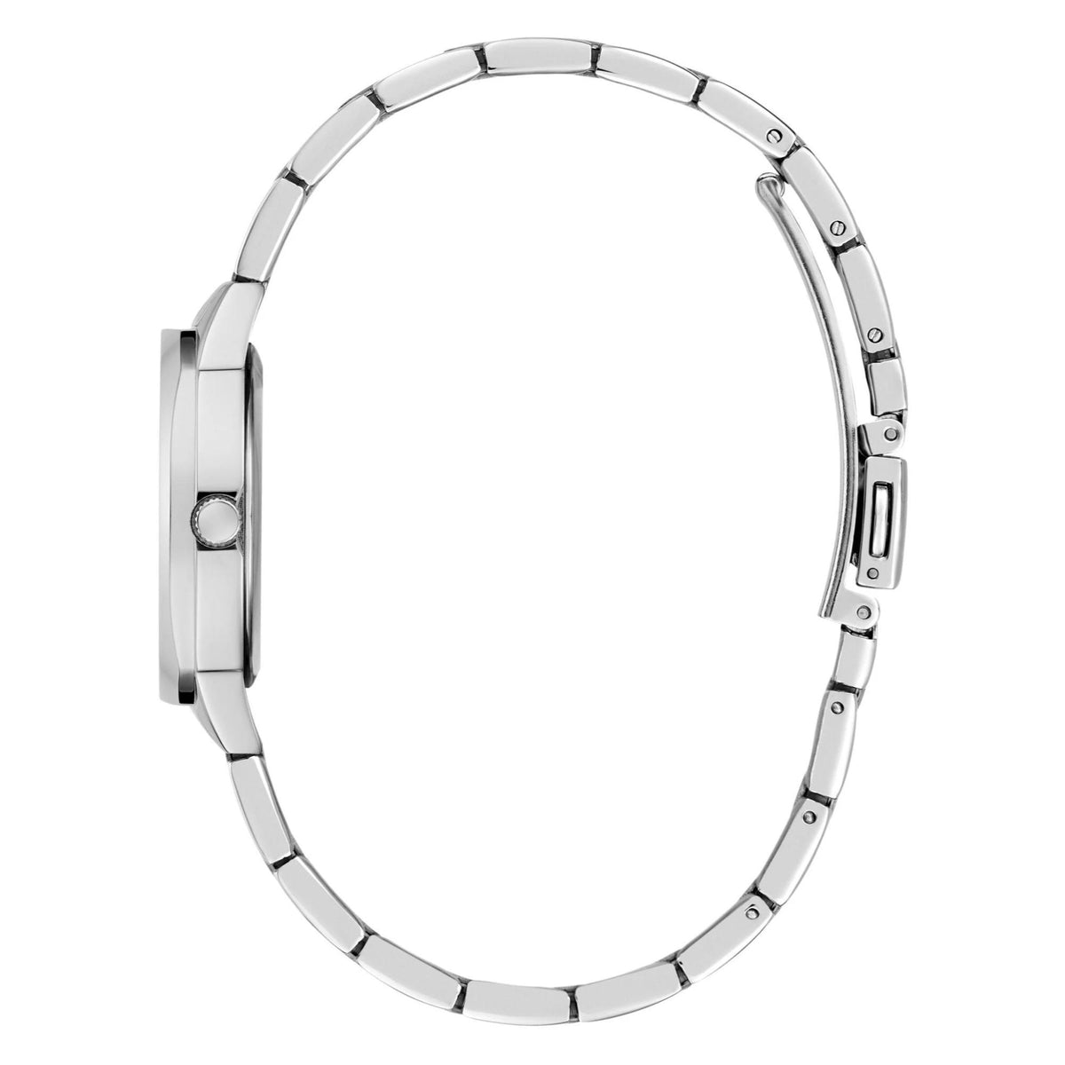 Silver-tone watch case back view with smooth round bezel and linked metal bracelet