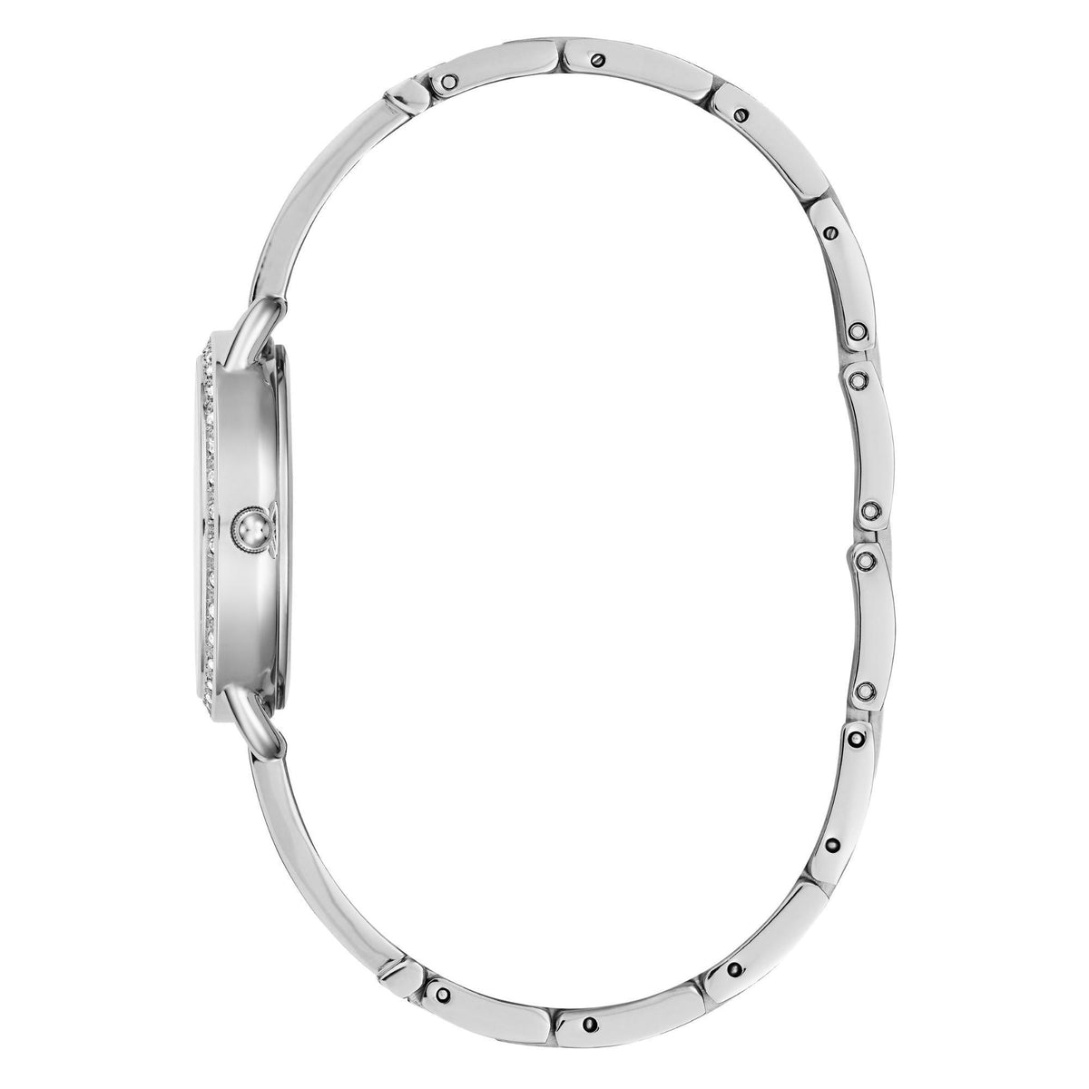 Silver-tone analog watch case and bracelet links, angled side view