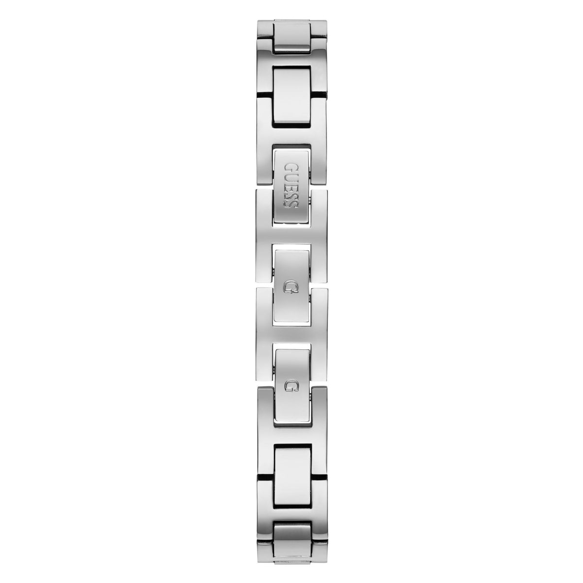 Silver-tone analog watch bracelet showing GUESS branding, back view